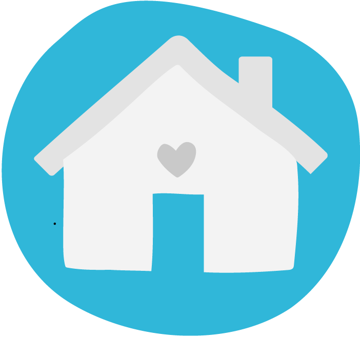 White house icon with a heart on the front, set against a blue circular background.