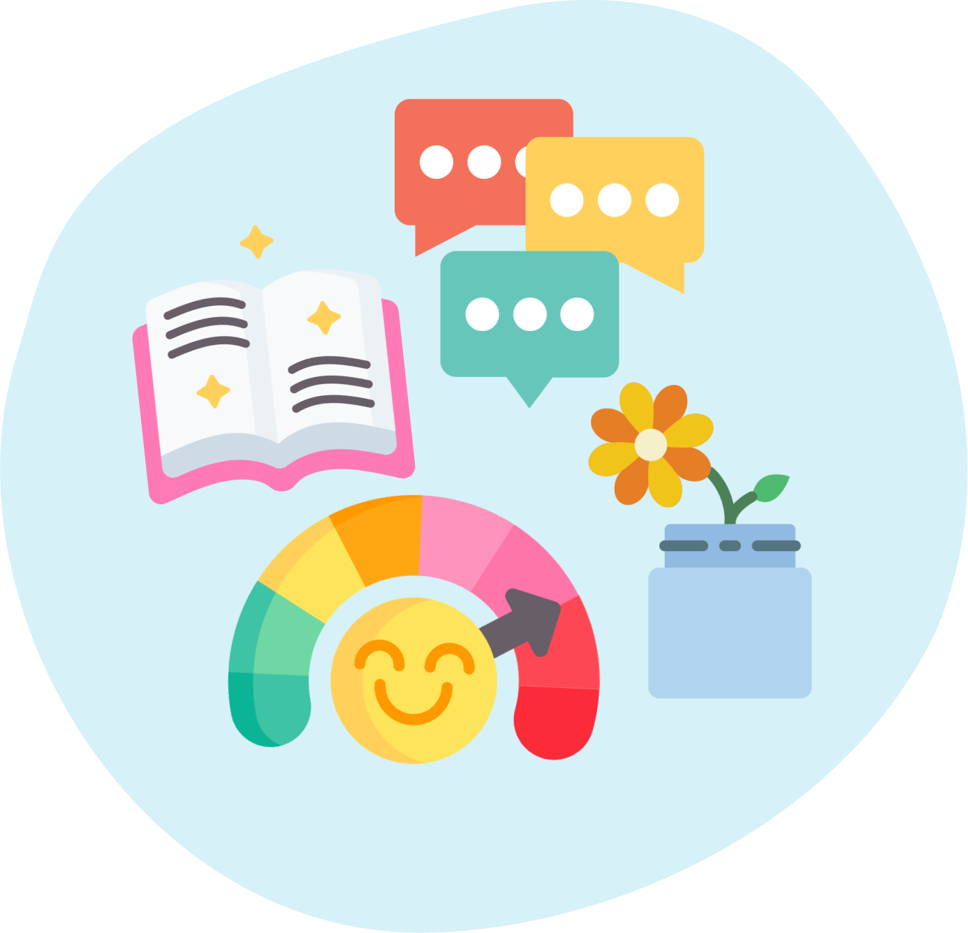 Colorful illustration of a happiness meter, books, speech bubbles, and a potted flower on a light blue background.