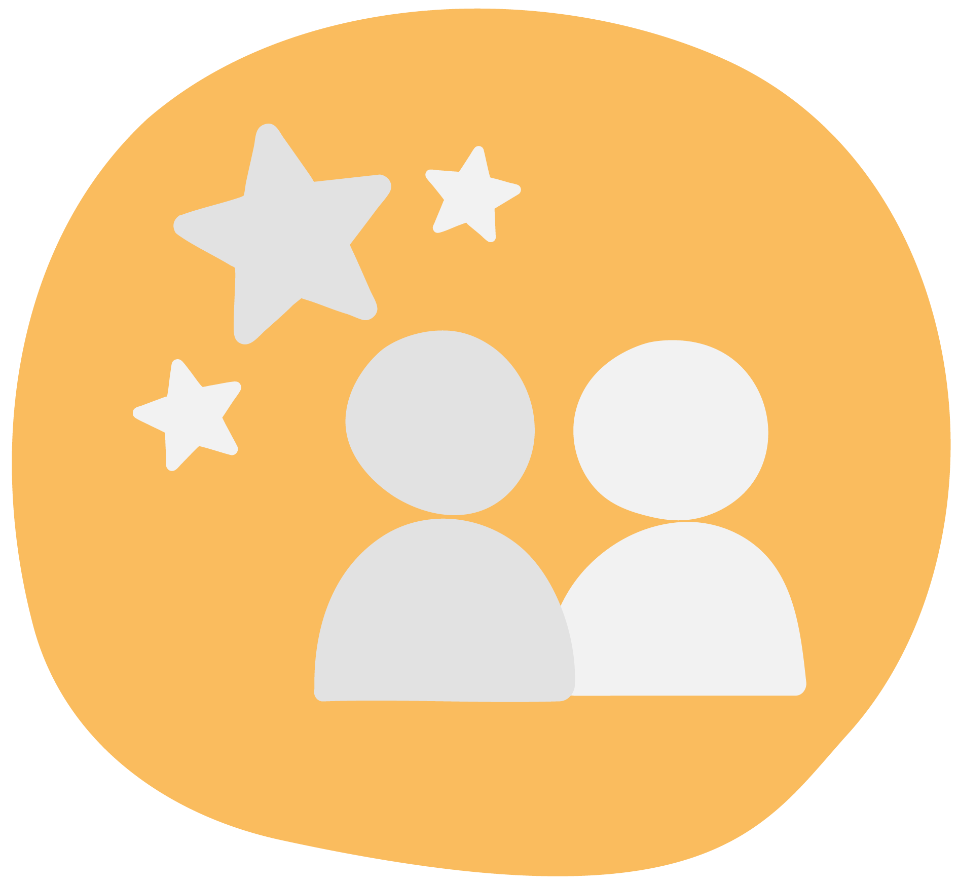 Icon of two white user silhouettes with three gray stars around them on an orange background.