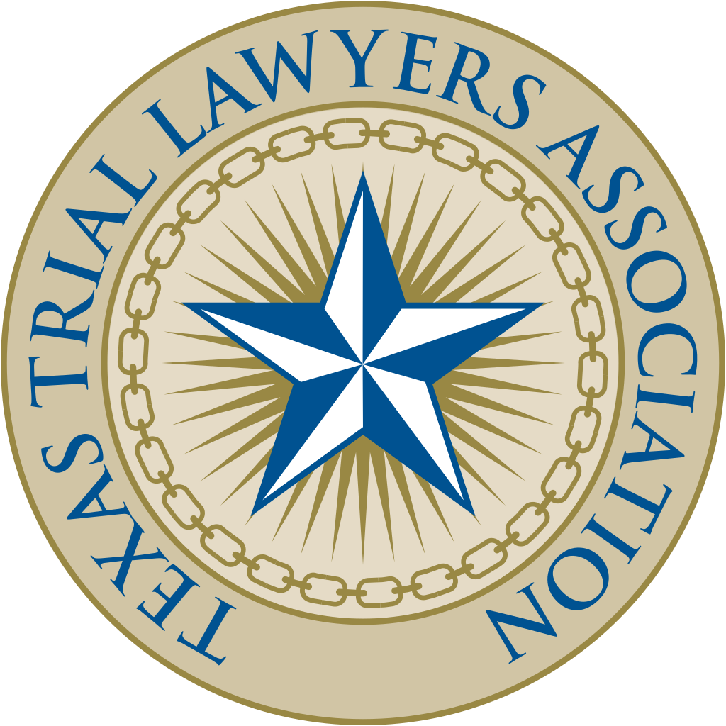 Seal of the Texas Trial Lawyers Association, featuring a blue and white star with gold rays and a chain border, with the organization's name encircling it.