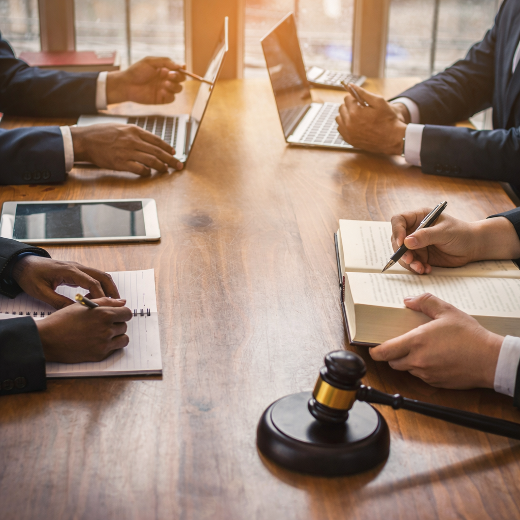Business professionals in suits sitting around a wooden table with laptops, notebooks, and a gavel, engaging in a meeting.