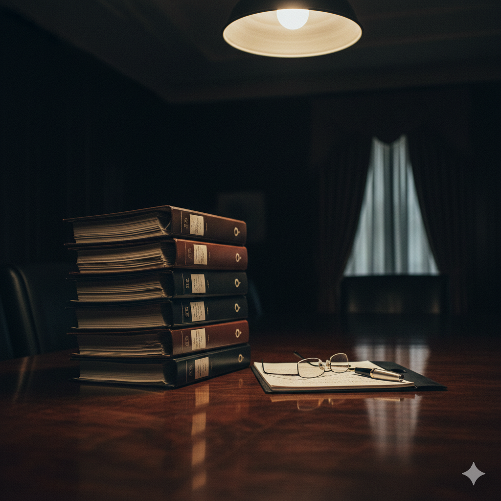 Stack of binders, a pair of glasses, a pen, and a notebook on a wooden table in a dimly lit room with curtain-covered window.