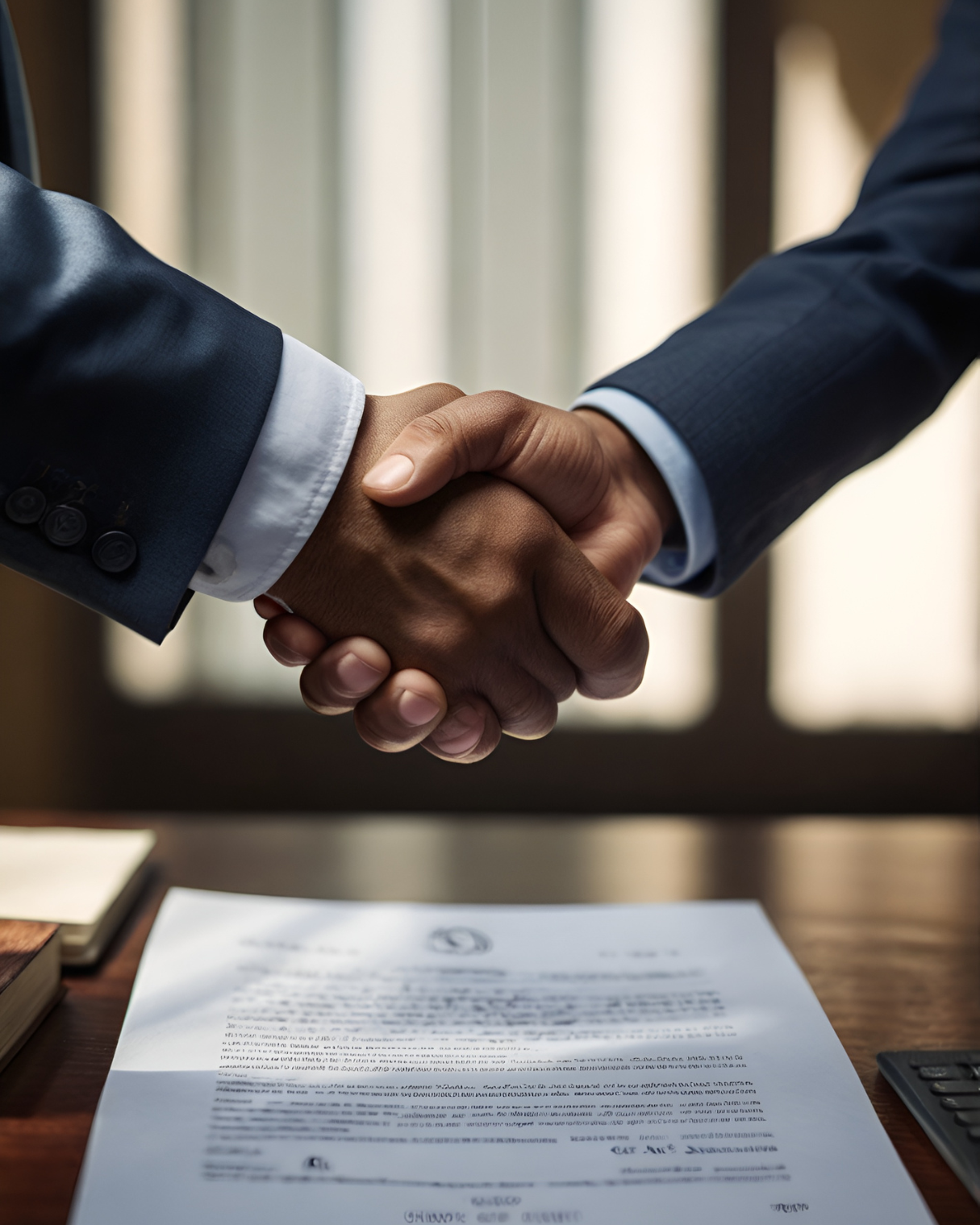 Close-up of two people shaking hands over a document on a wooden table, with a blurred background.