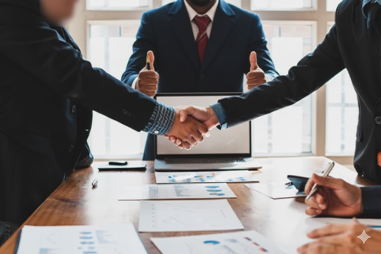 Two individuals shaking hands during a business meeting with documents and a laptop on the table, while a third person giving a thumbs-up in the background.