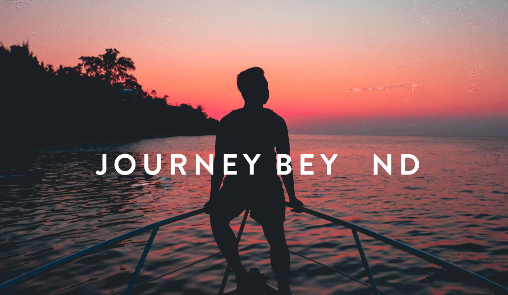 Silhouette of a person standing on a boat at sunset with pink and orange sky, water, and trees in the background, with text 'JOURNEY BAY ND' overlaid.