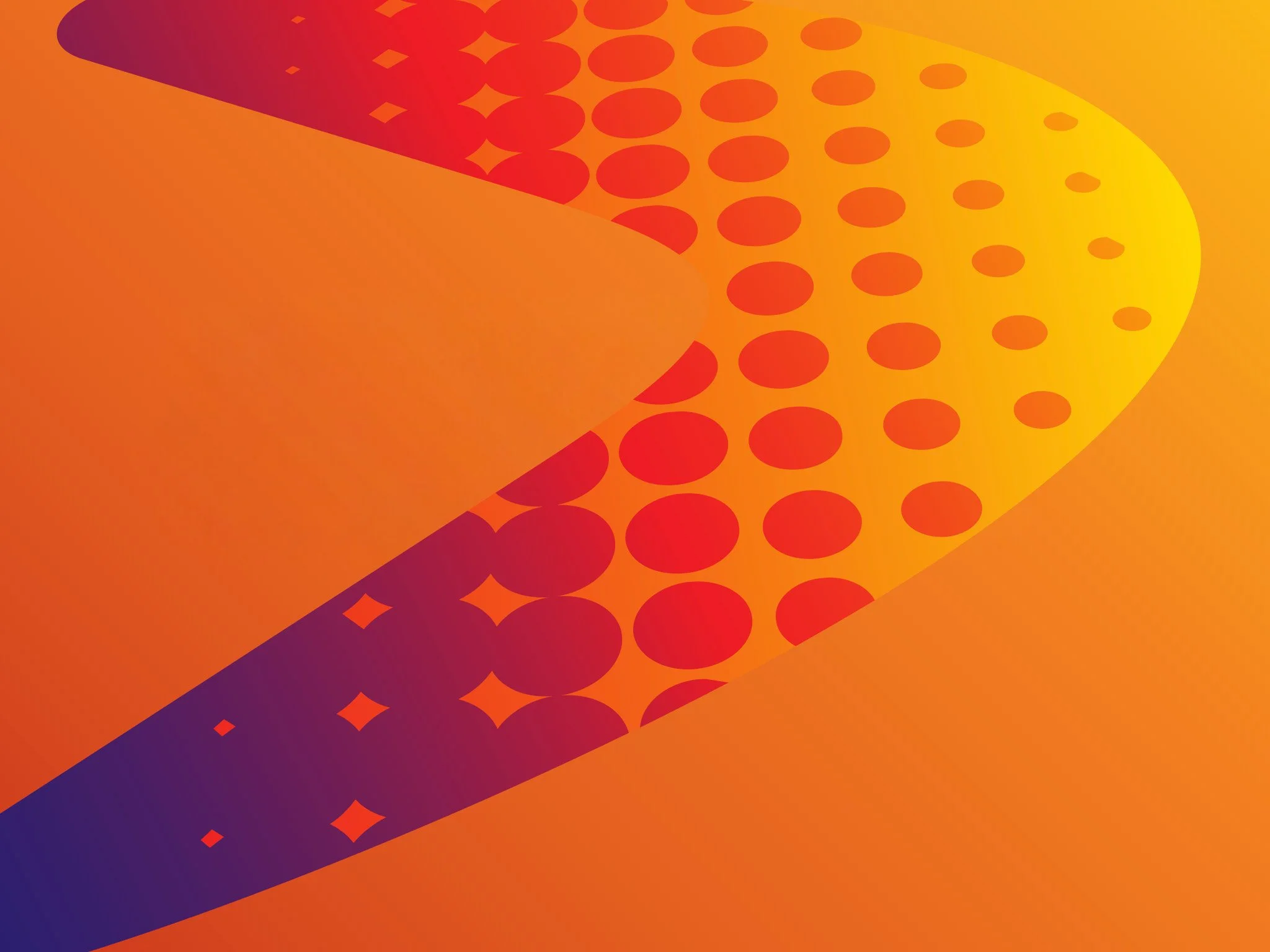 Abstract digital art with a ribbon of orange, yellow, and purple with dotted patterns and star-like shapes.