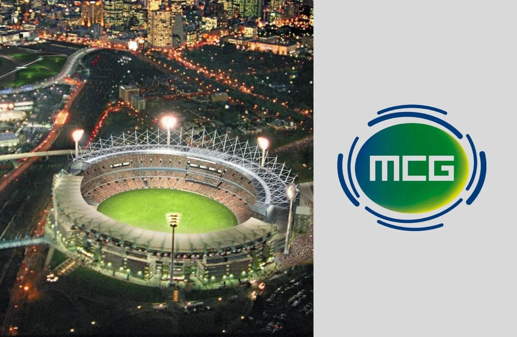 Aerial nighttime view of a large stadium filled with spectators, illuminated lights, and surrounding cityscape with roads and buildings, next to a logo with the letters 'MCG' inside a green circle.