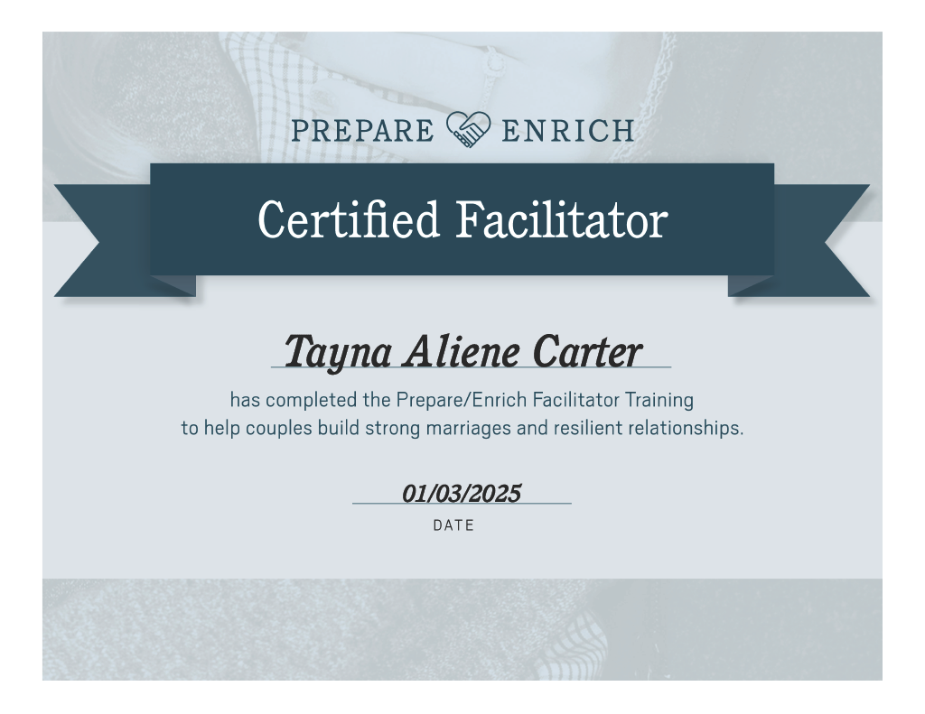 Certificate of completion for a Prepare/Enrich Facilitator awarded to Tayna Aliene Carter, dated 01/03/2025.