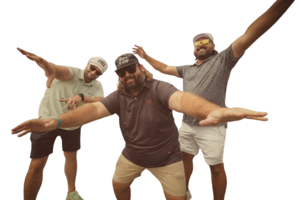 Three men posing with outstretched arms, wearing sunglasses, casual summer clothing, and smiling.