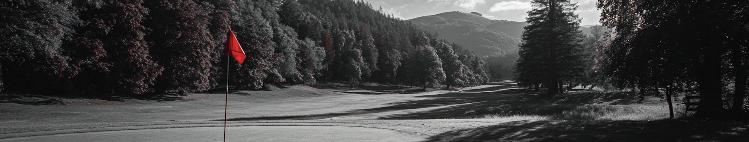 A golf course with a red flag marking the hole, surrounded by trees and mountains in the distance, with mostly black and white tones and a splash of red on the flag.