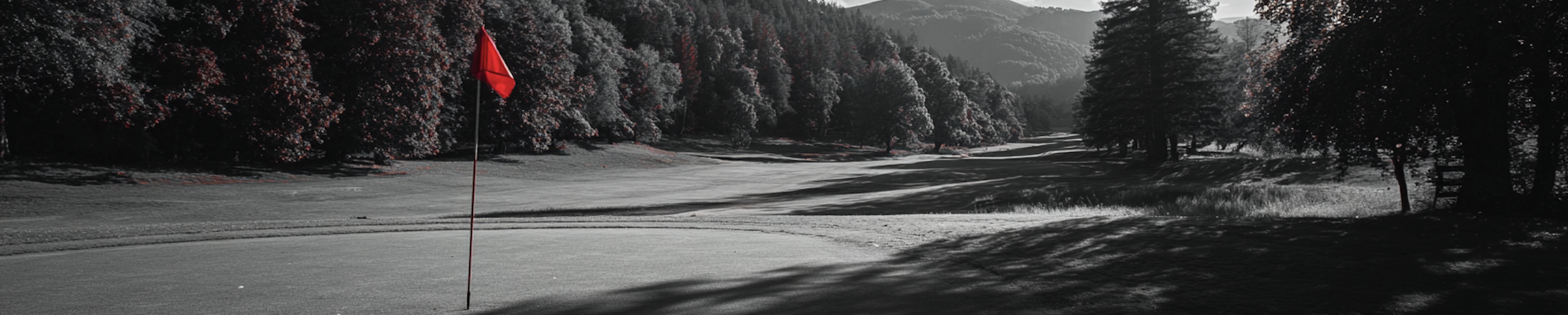 A golf course with a putting green, marked by a red flag, surrounded by trees with colorful foliage, possibly in fall, under a cloudy sky.