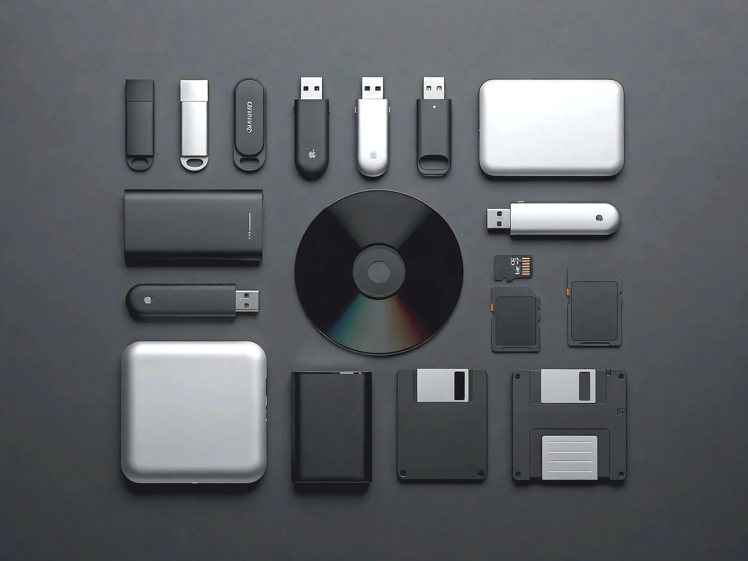 Flat lay of external storage devices including USB flash drives, SD cards, portable hard drives, and optical media, representing fast local file storage and offline data access on macOS.