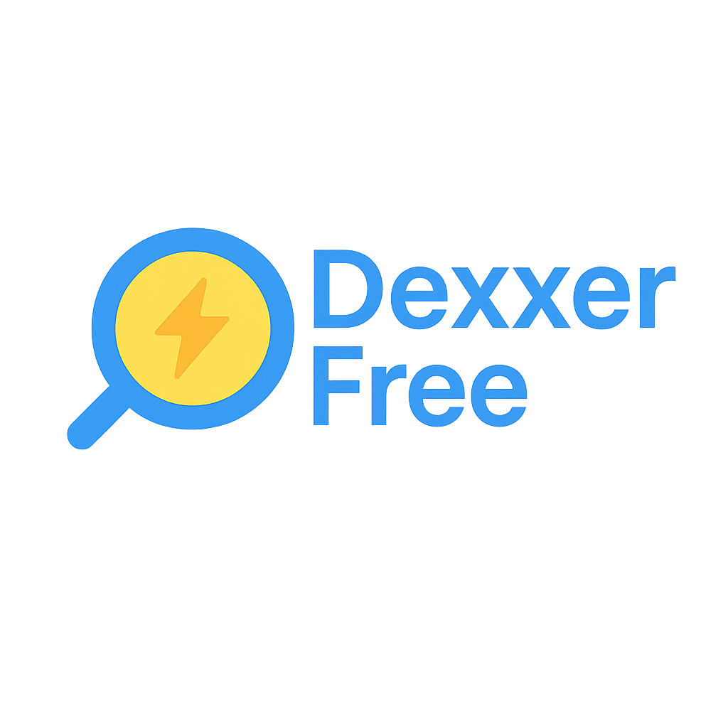 Logo for Dexxer Free, featuring a magnifying glass with a yellow circle and a lightning bolt symbol inside, next to the text 'Dexxer Free' in blue.
