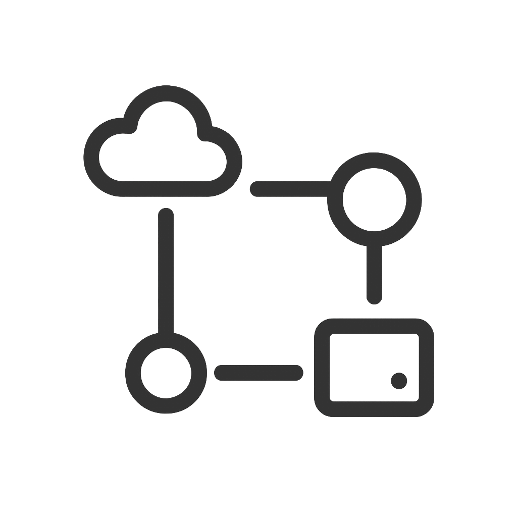 Minimal line icon illustrating cloud computing and connected systems, used to contrast online cloud storage with Dexxer’s local, offline file indexing approach.