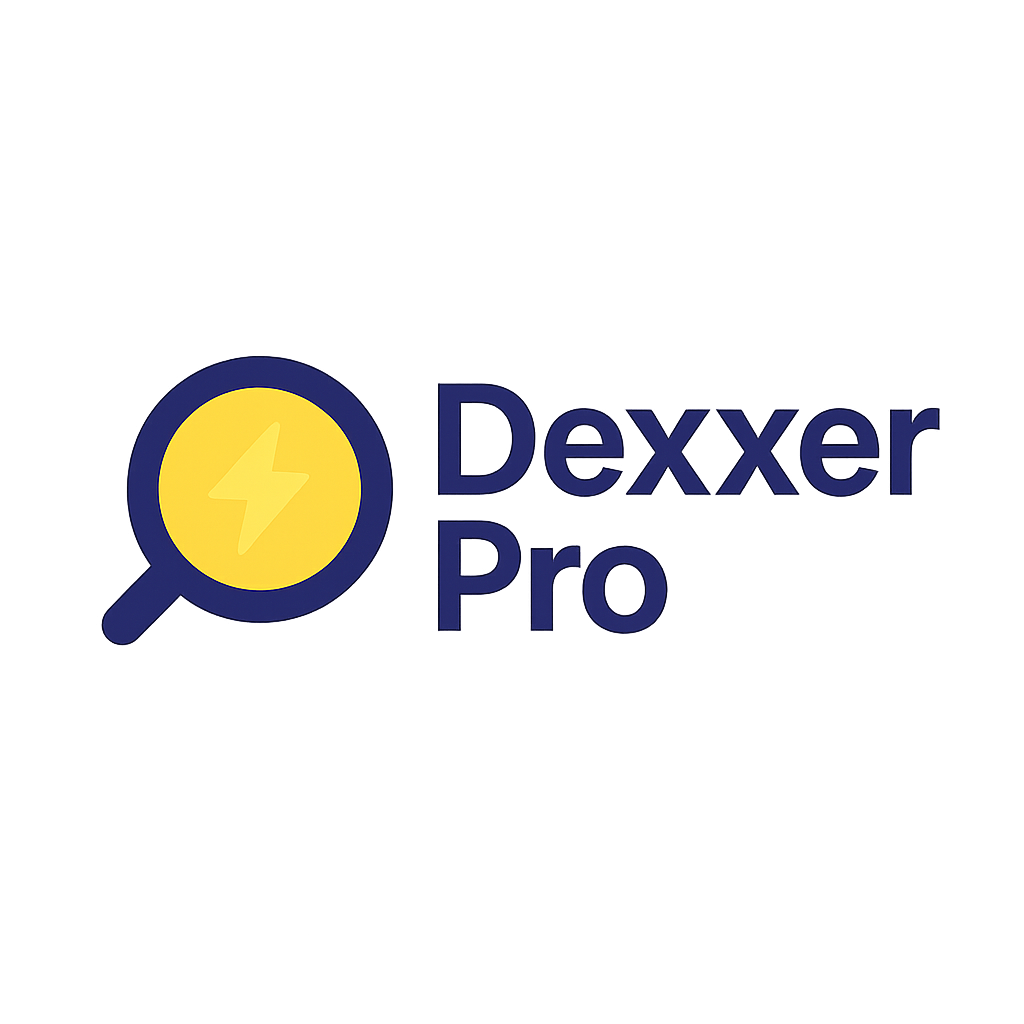Logo for Dexxer Pro, featuring a magnifying glass with a yellow circle and a lightning bolt inside, and the text "Dexxer Pro" in blue.