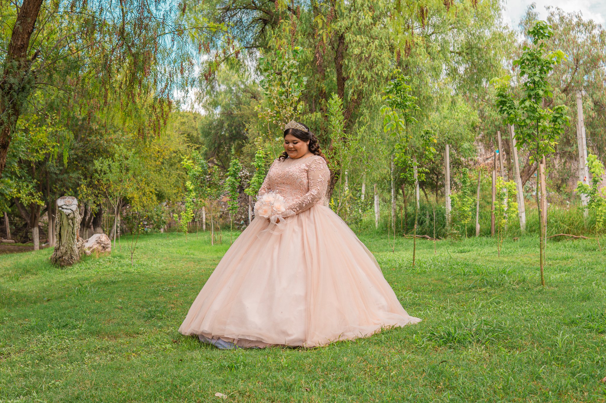 Joven en vestido de quinceañera con diadema en un jardín con árboles verdes.