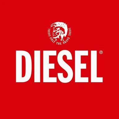 Diesel logo with red background and white text, featuring a script and a circular emblem above the brand name.