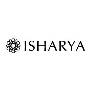 Isharya logo with black geometric flower icon and the company name in black text