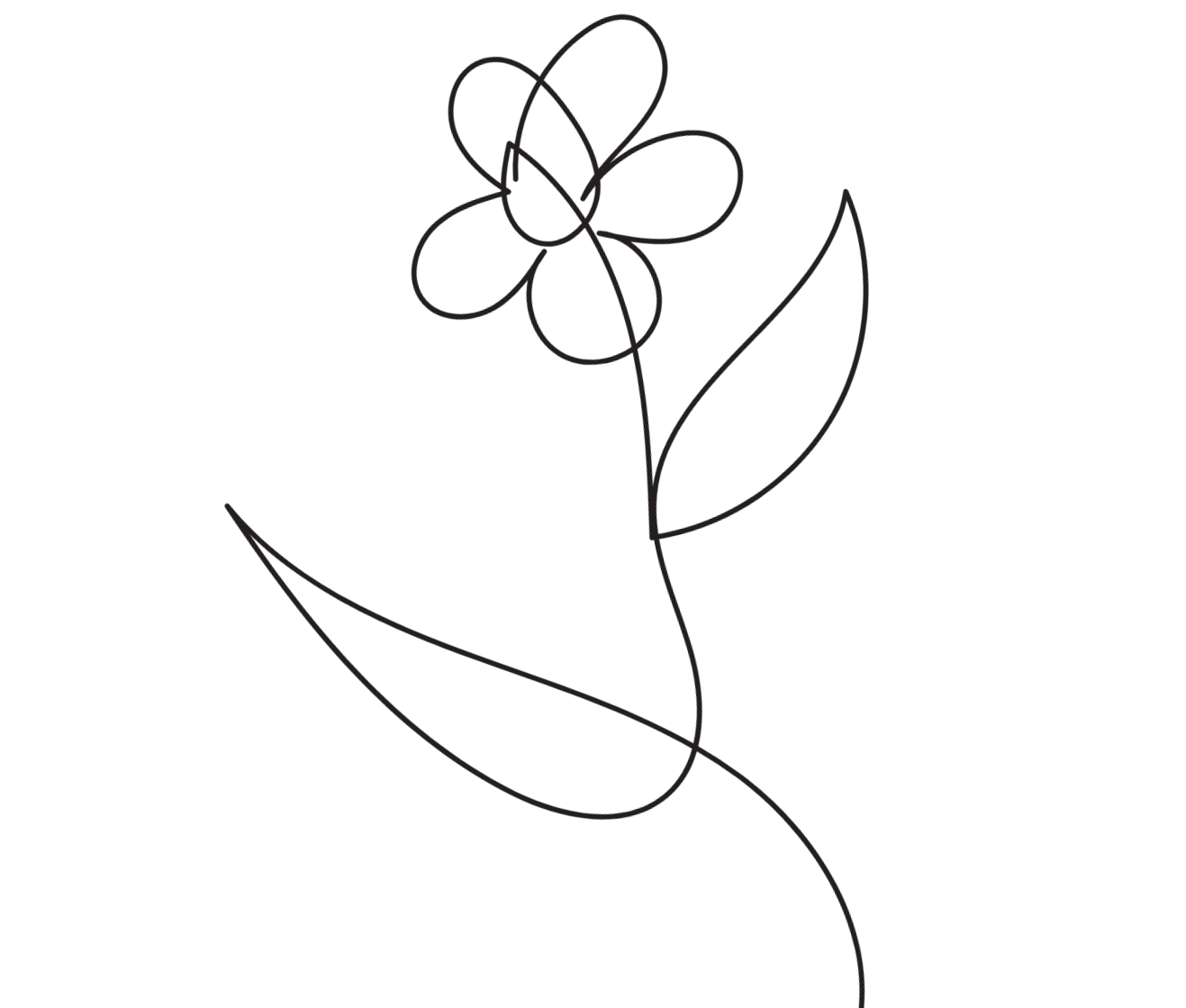 Line drawing of a flower with five petals, one leaf, and a curved stem.