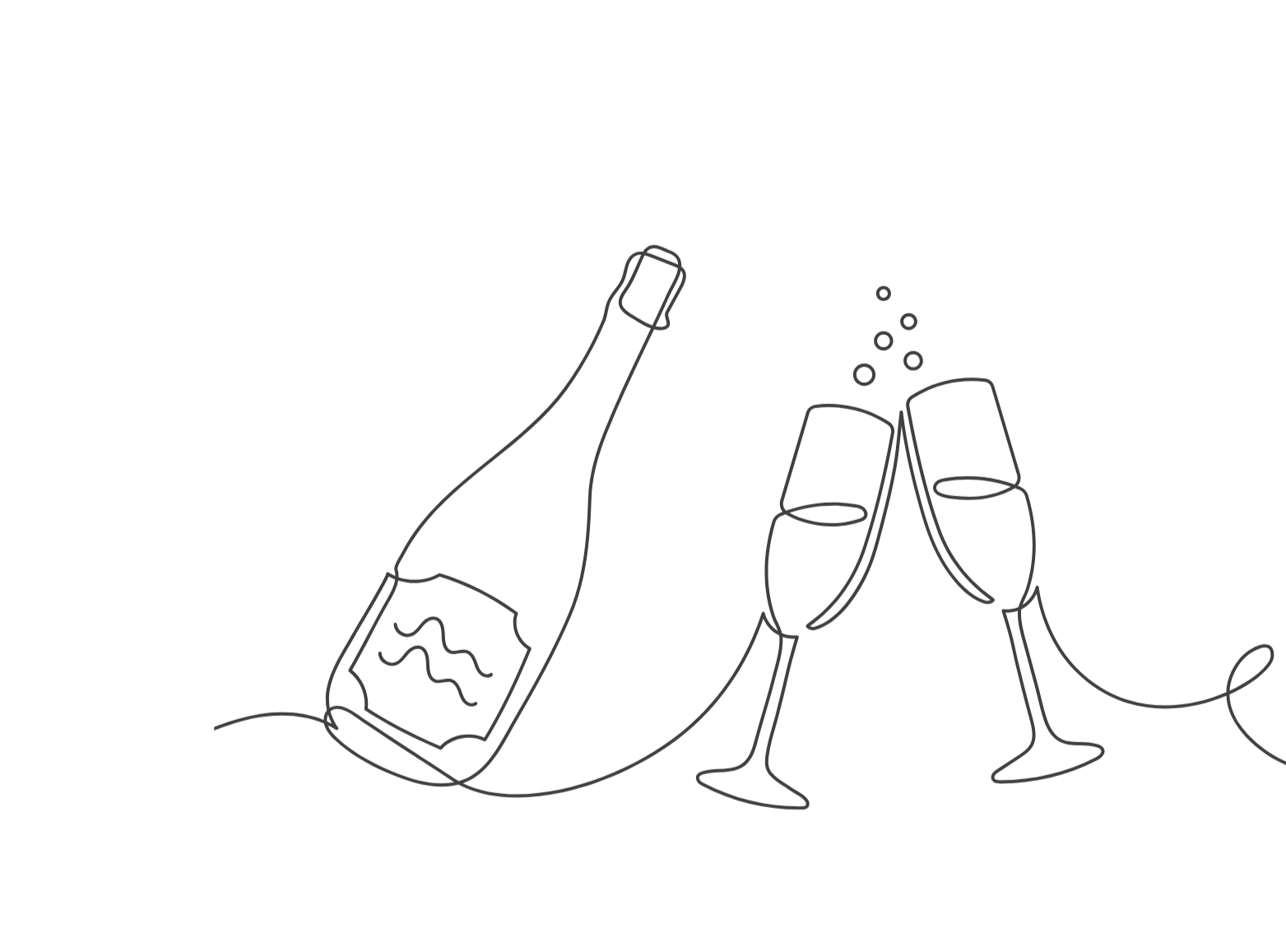 Line drawing of a champagne bottle and two glasses clinking, with bubbles rising from one glass, on a black background