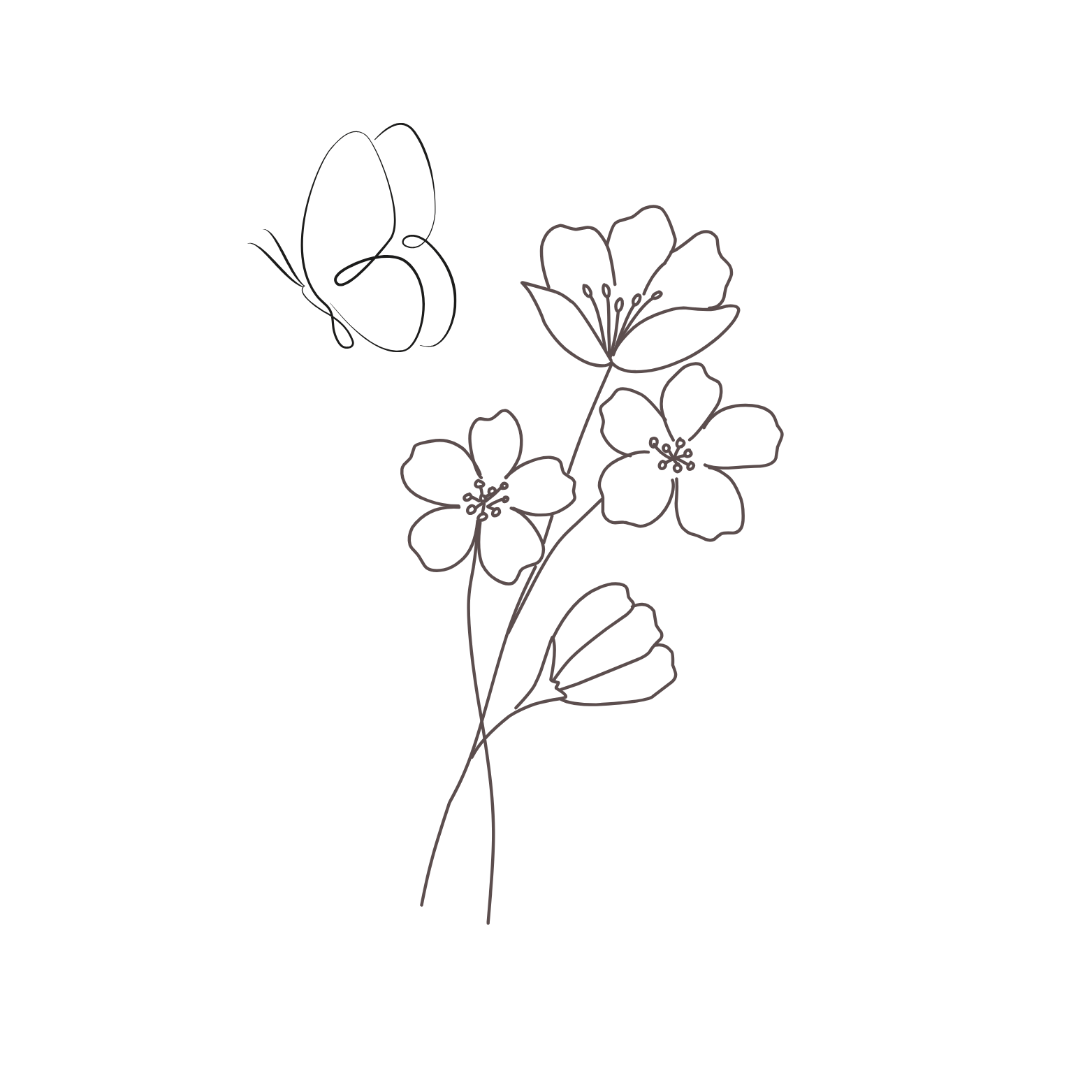 Outline drawing of flowers and a butterfly on a black background.