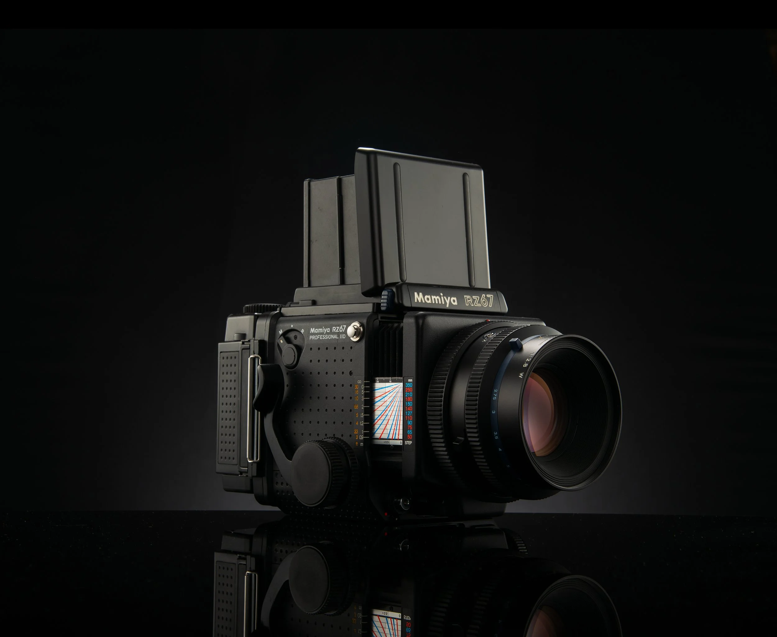 A professional medium format camera with a large lens, black body, and a film back attachment against a black background with a reflective surface.