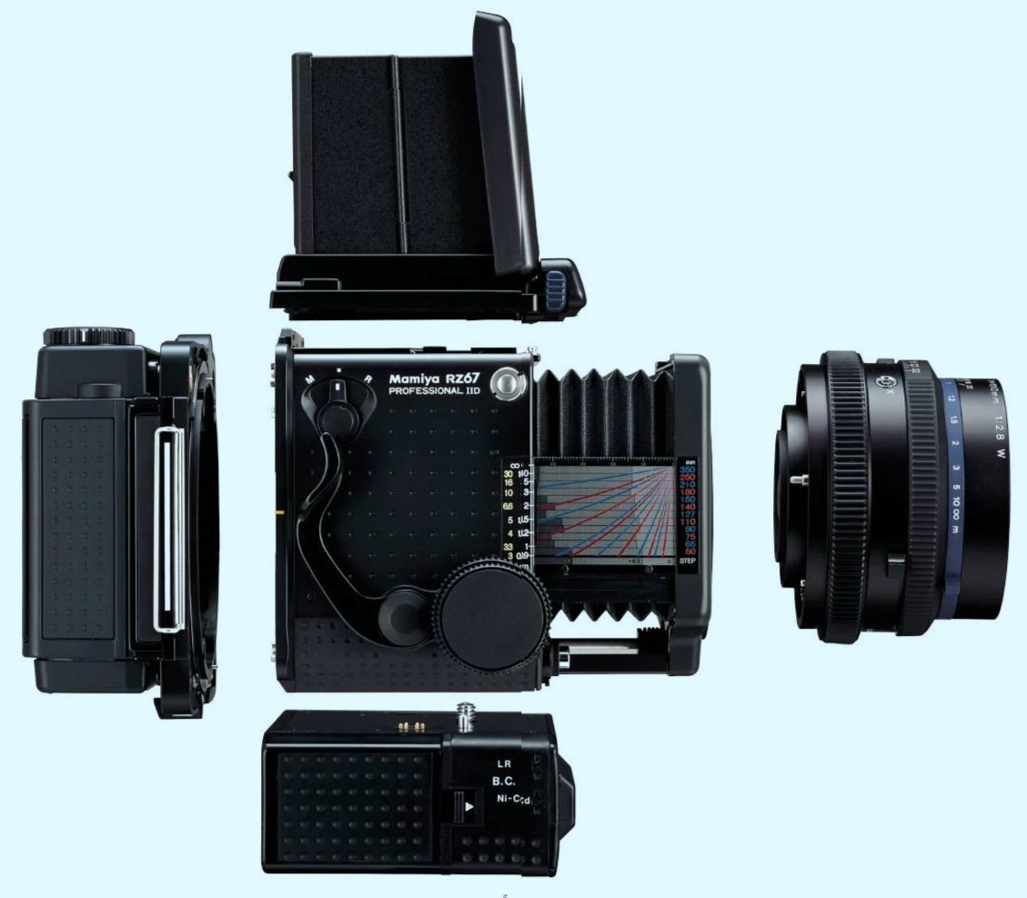 Various vintage camera equipment, including a camera body, lens, flash, and light meter, arranged on a plain background.