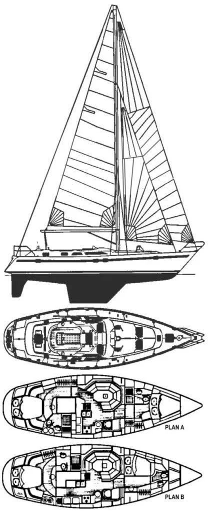 Line drawing of a sailboat with detailed interior floor plans labeled A and B.