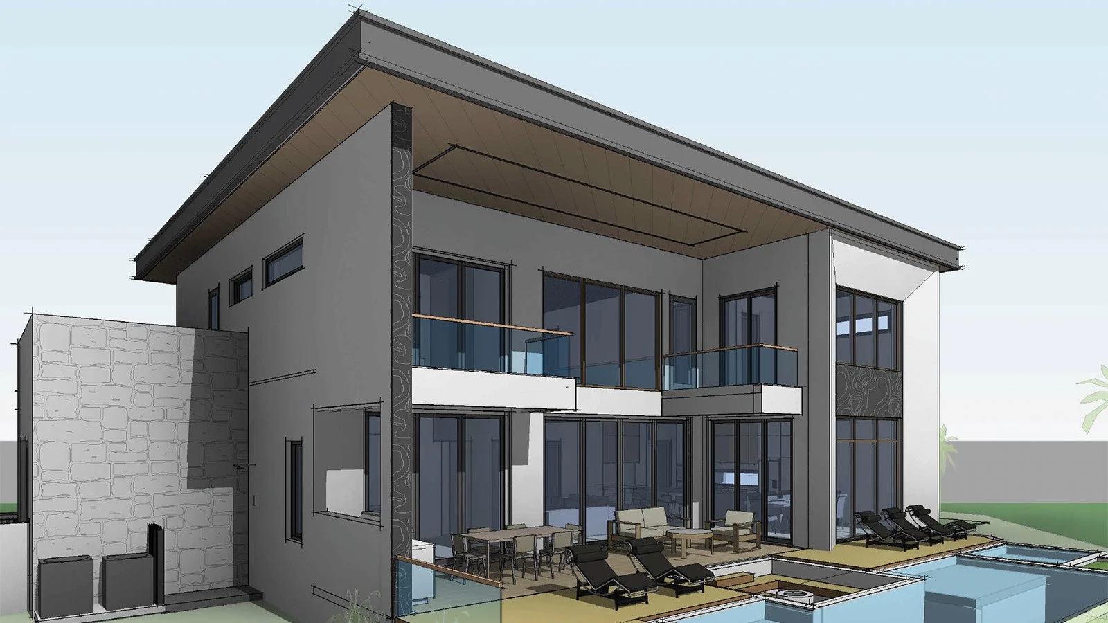 Cayman - Alive Design - A modern two-story house with large windows, a balcony, and outdoor patio area featuring lounge chairs and a swimming pool.