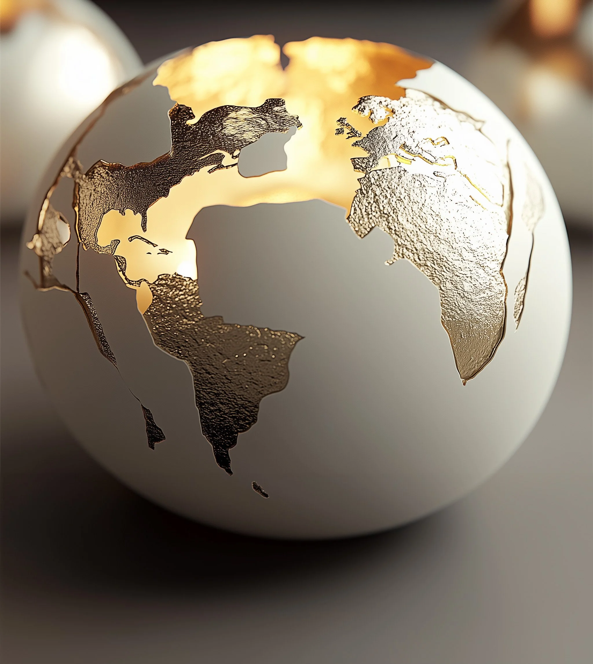 Kendra Ador-Agramonte "Kintsugi World" A spherical decorative lamp with a world map cutout design emitting a warm light from inside.
