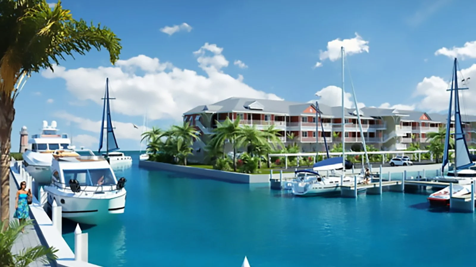 Cayman - Alive Design - Luxurious marina with yachts and sailboats docked, a modern waterfront resort building, palm trees, and a lighthouse in the background under a partly cloudy sky.