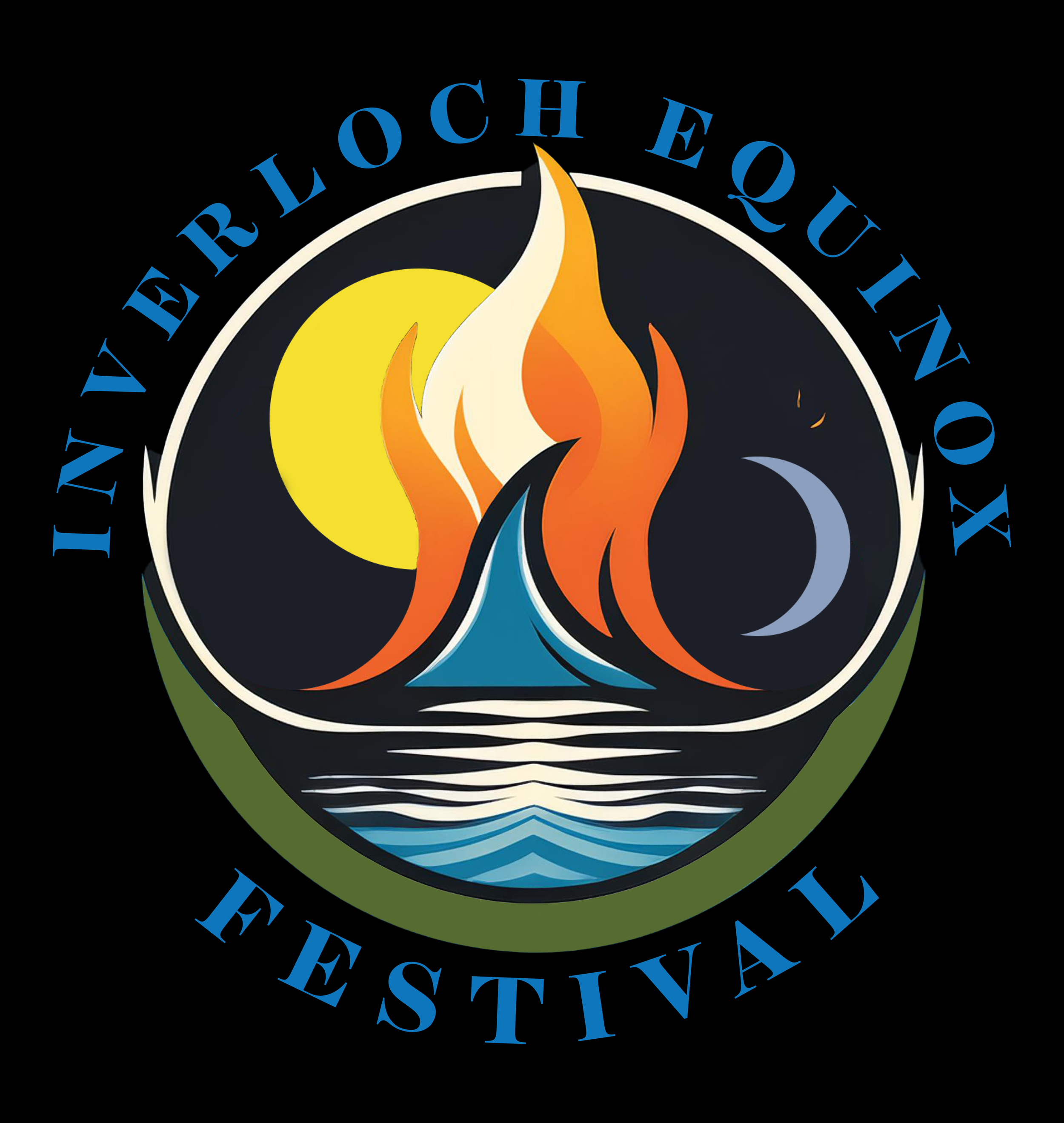 Logo of the Tin Verloche Equinox Festival featuring a stylized flame, with a yellow sun and a gray moon in the background, water at the bottom, and the festival name in blue text encircling the design.