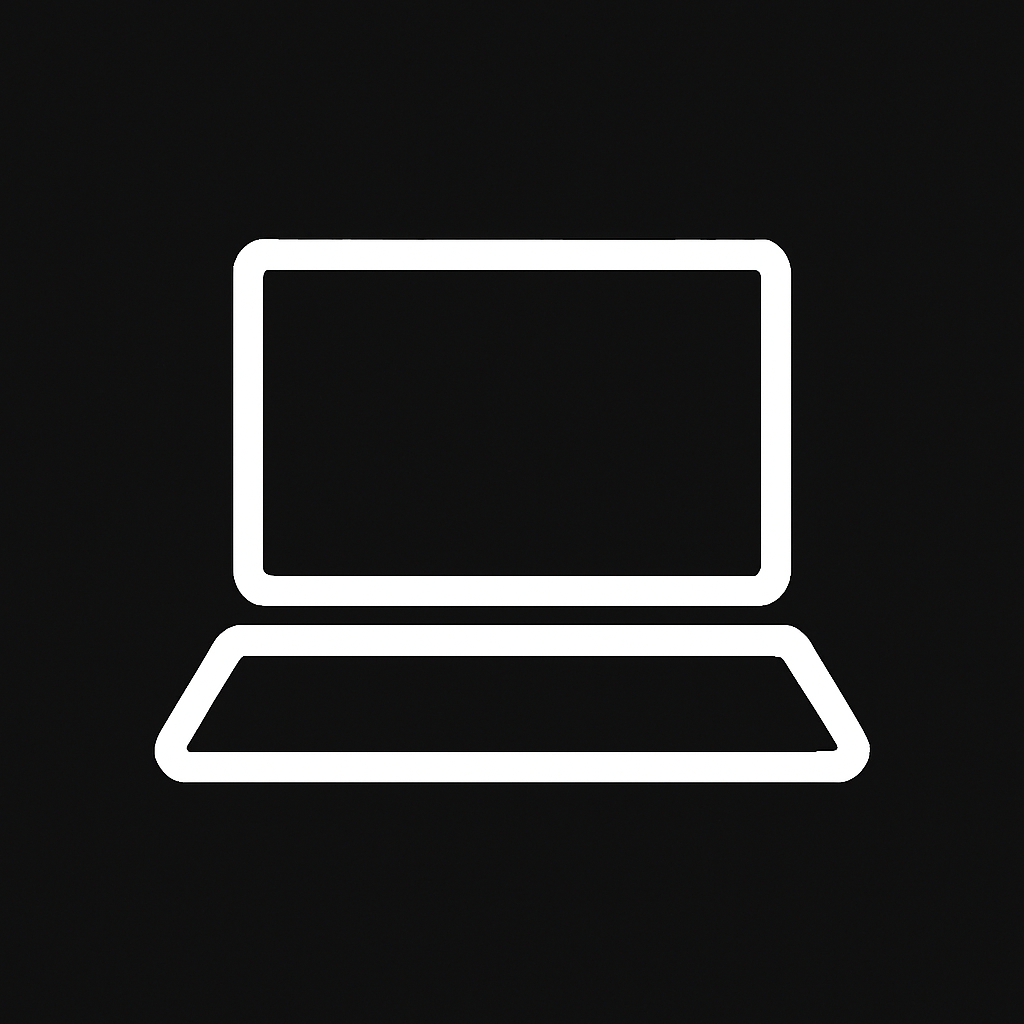 Outline icon of a laptop computer on a black background.