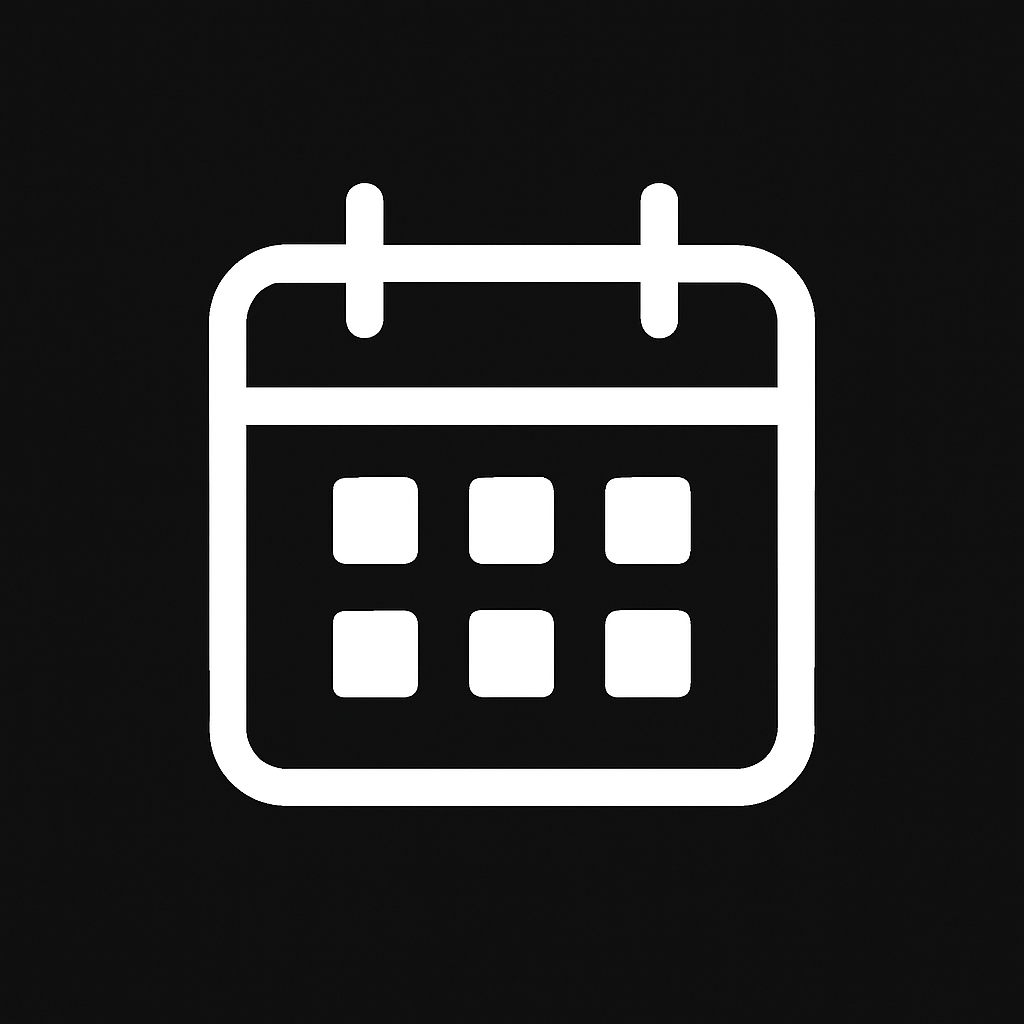Icon of a calendar with a grid of six squares on a black background.