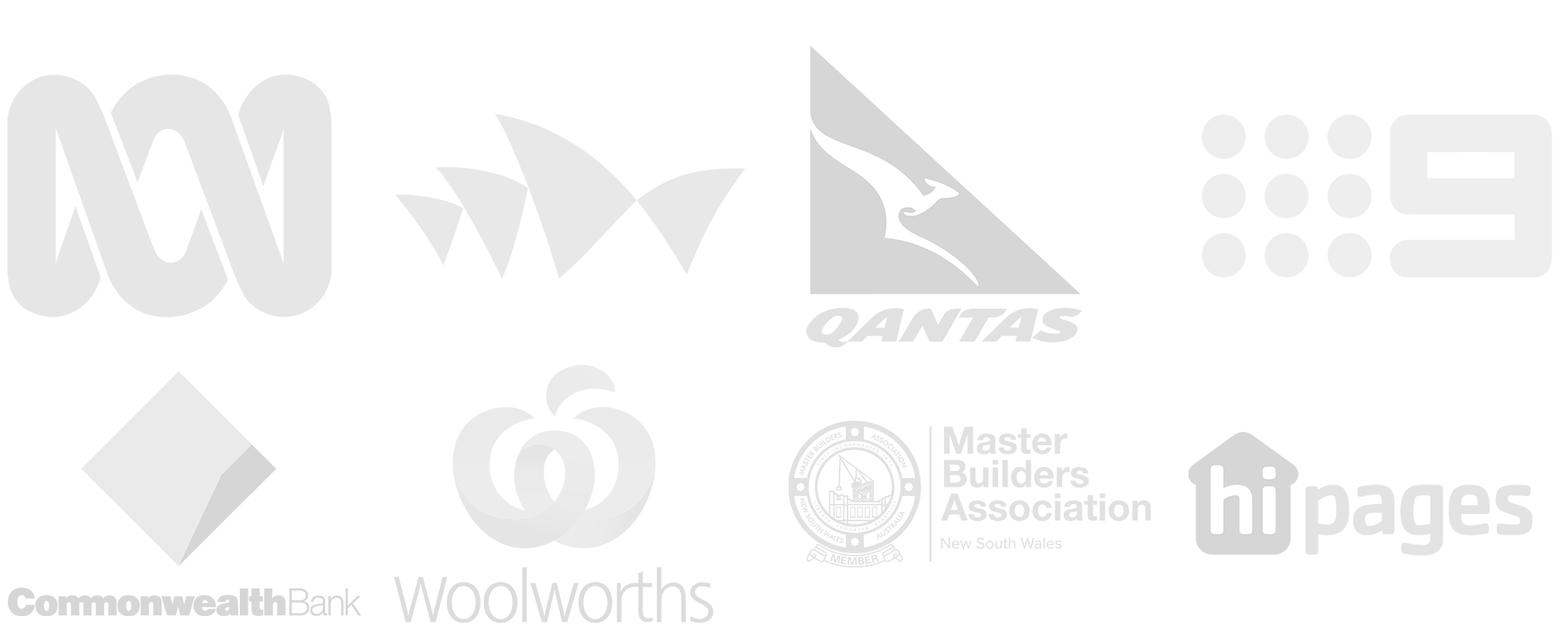 Collection of logos for ABC, WMW, Qantas, Commonwealth Bank, Woolworths, Master Builders Association New South Wales, and hi pages.