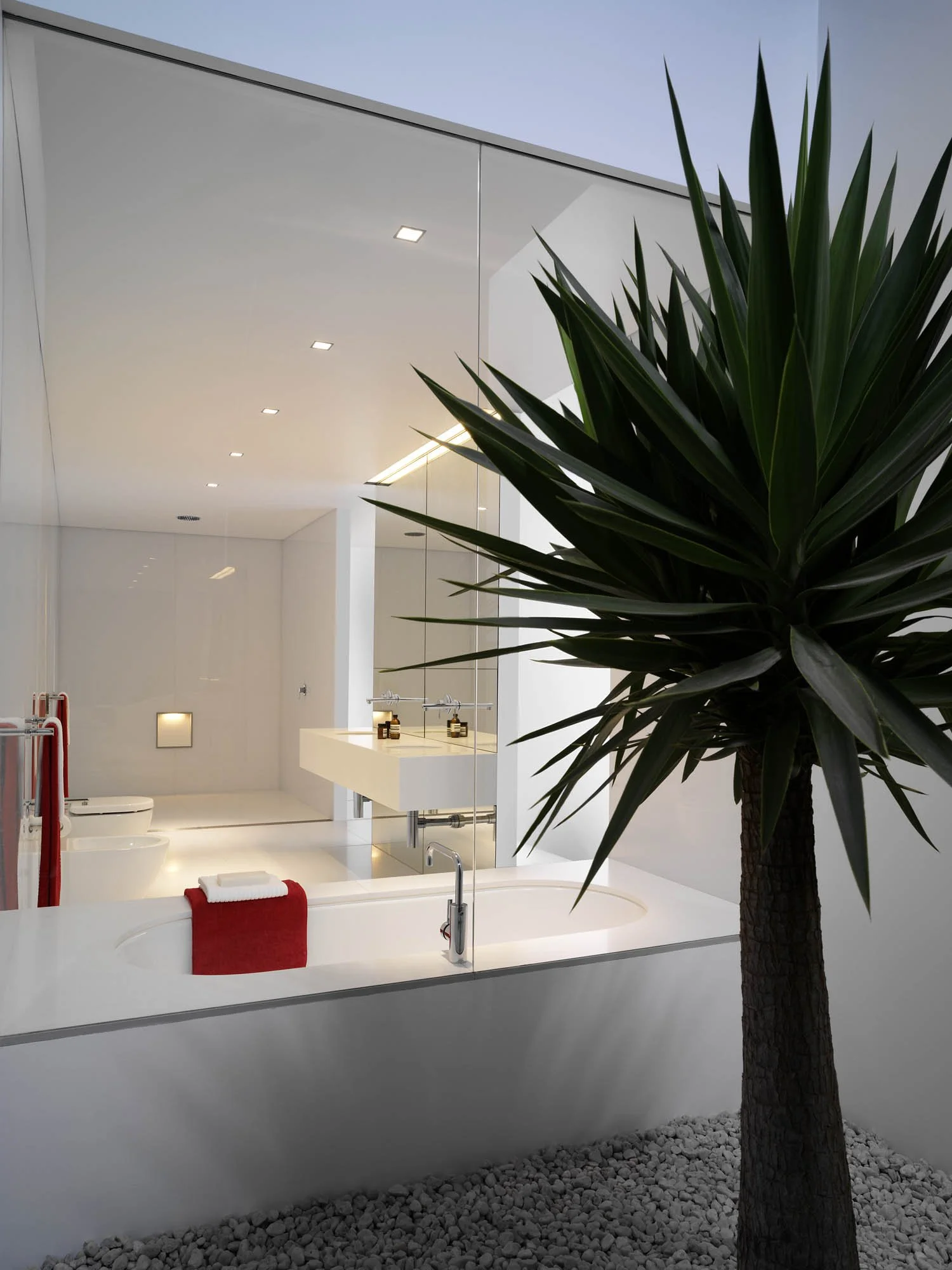 Modern bathroom with white walls and fixtures, including a bathtub, floating sink, and toilet. Large mirror and a green plant in the foreground.