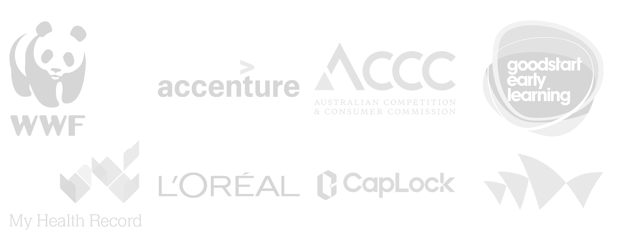 Collage of logos including WWF, Accenture, ACCC Australian Competition & Consumer Commission, Goodstart Early Learning, My Health Record, L'Oreal, CapLock, and other organizations.
