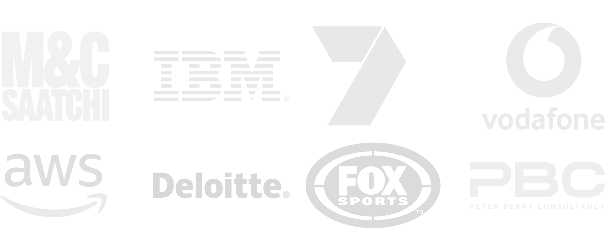 Logos of M&C Saatchi, IBM, 7-Eleven, Vodafone, AWS, Deloitte, Fox Sports, PBC, and Peter Berry Consultancy displayed on a black background.