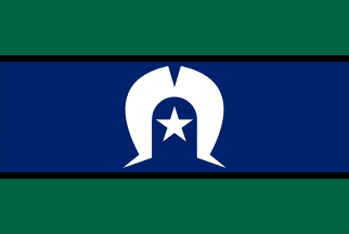 The Torres Strait Islander flag with horizontal green, navy blue, and green stripes, featuring a white Dhari symbol.