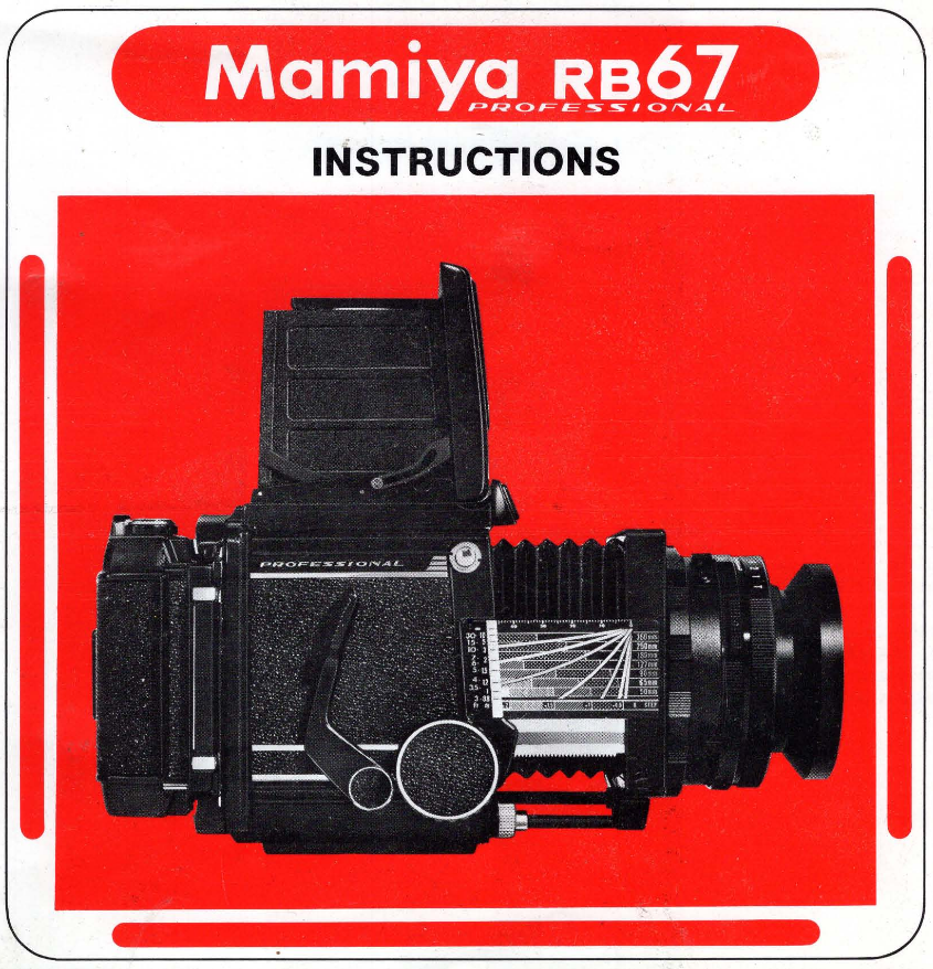 Instruction manual cover for Mamiya RB67 Professional camera, featuring a black camera model on a red background.