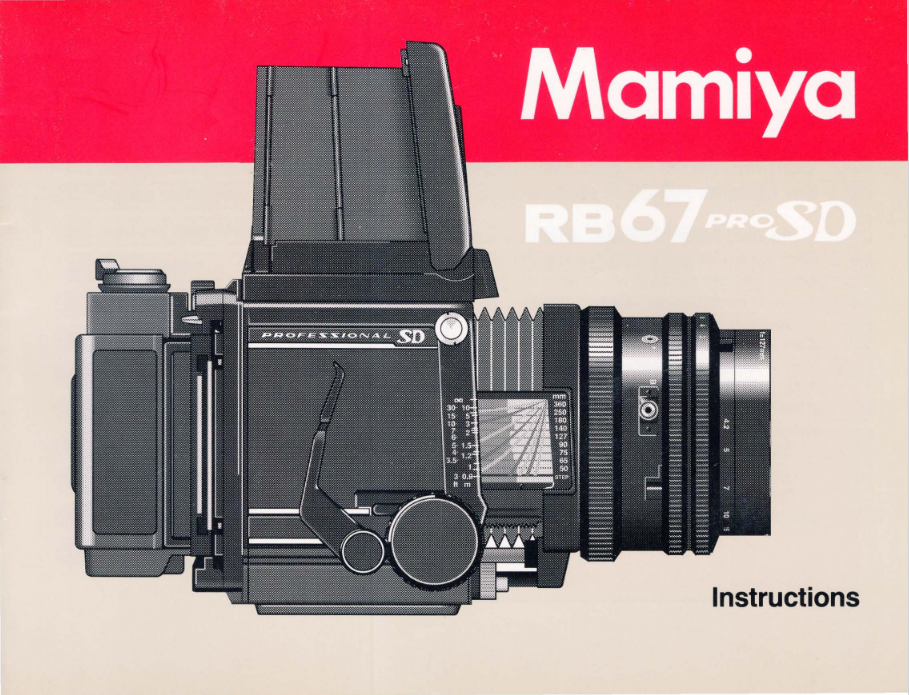 Cover of an instruction manual for a Mamiya RB67 Pro SD camera, featuring an illustration of the camera with a red and beige background.