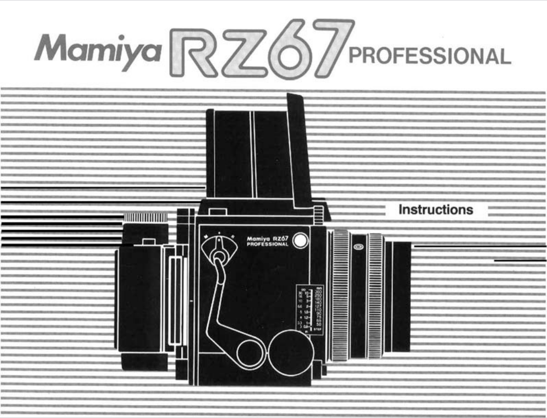 Black and white illustration of a Mamiya RZ67 Professional camera with instructions text on the top right.