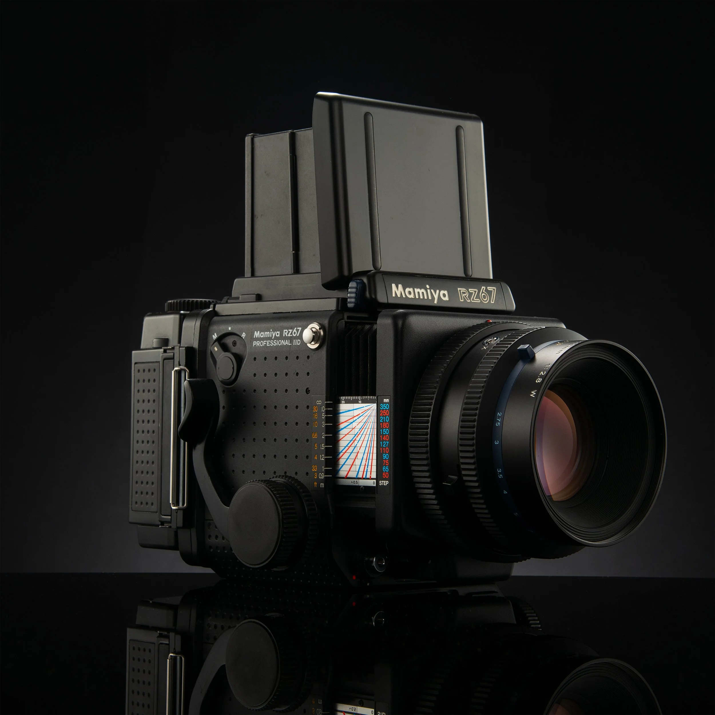 A professional Mamiya RZ67 camera with a large lens, black body, and a viewfinder, placed against a dark background with reflections underneath.