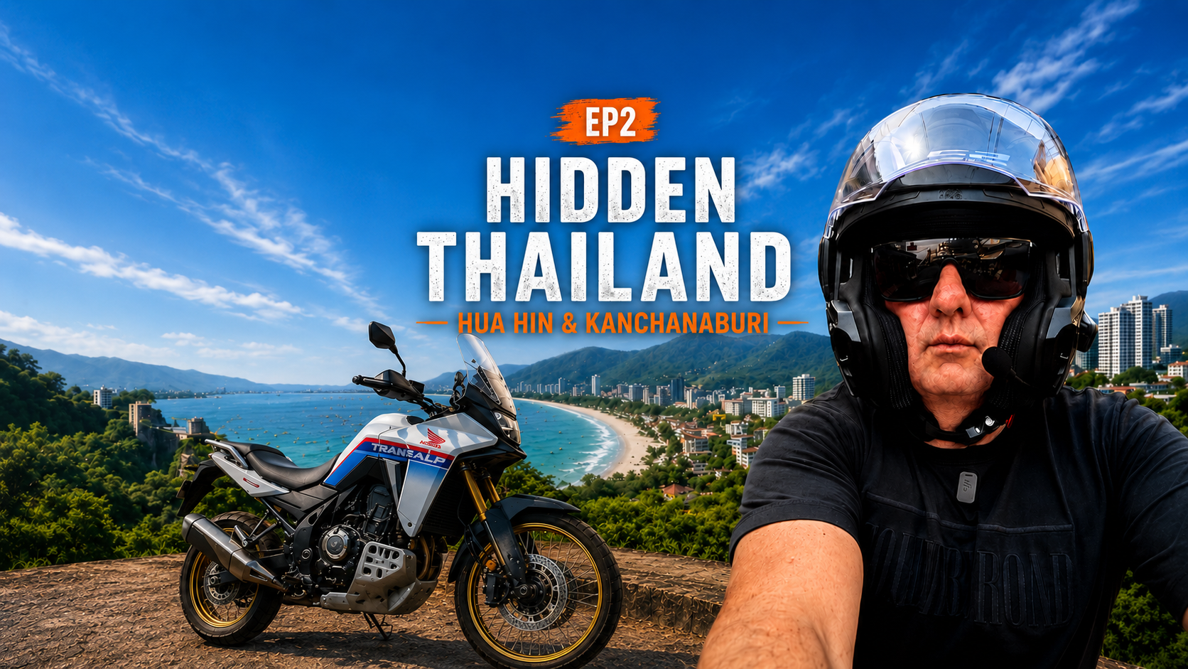 Rider and motorcycle with a long beach coastline view and backdrop of Hua Hin, Thailand