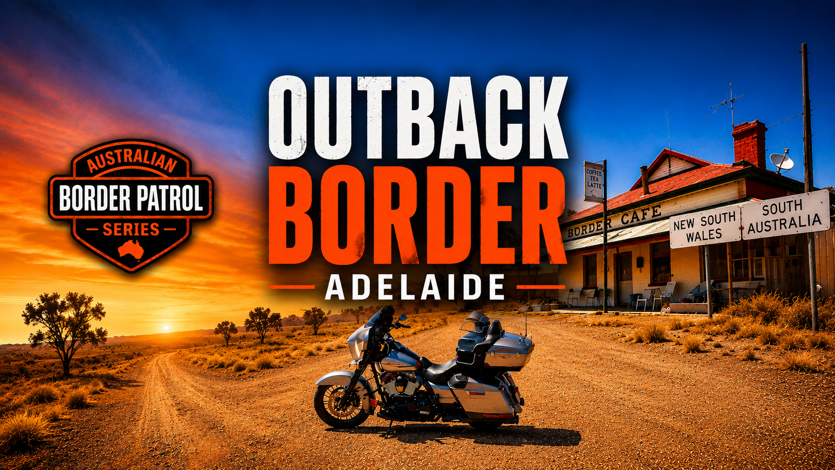 Border crossing building with signs indicating New South Wales, South Australia, and the border gate, with a motorcycle parked in front.