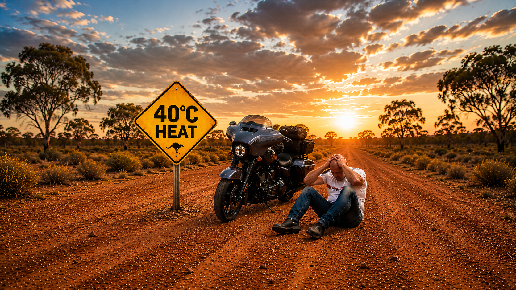 A person sitting on the ground with hands on their head next to a black touring motorcycle, under a tree with green leaves and a sky filled with scattered clouds.