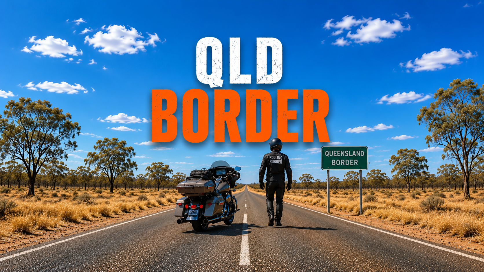 A person walking down the middle of a highway near a motorcycle that has parked in the dirt by the roadside. He is walking off.