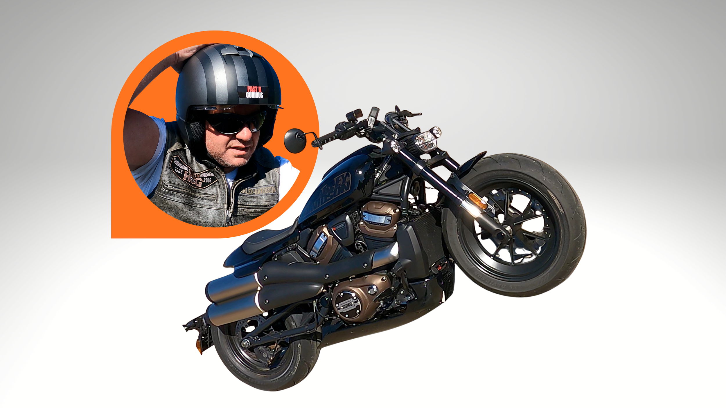 An individual wearing a helmet, sunglasses, and a Harley-Davidson vest, appearing in a circular inset on the upper left side of a black motorcycle against a gray background.
