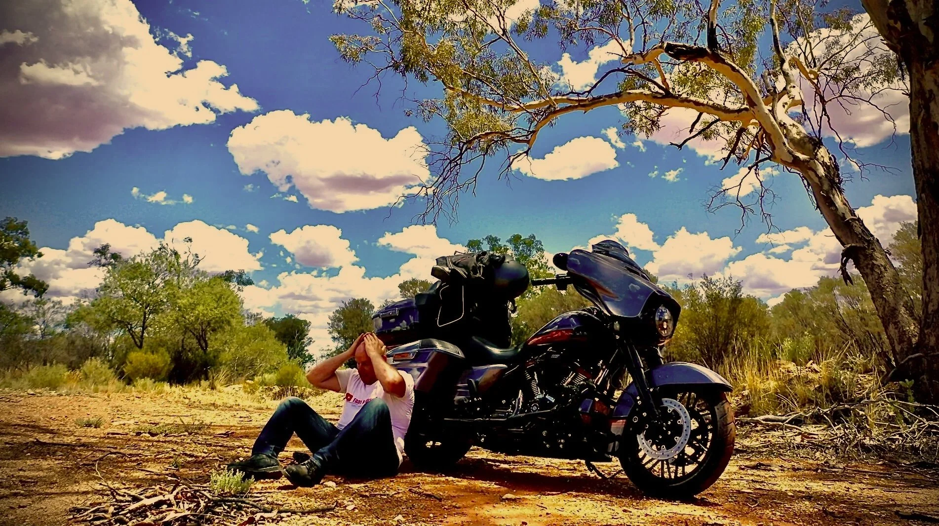 A person sitting on the ground with hands on their head next to a black touring motorcycle, under a tree with green leaves and a sky filled with scattered clouds.