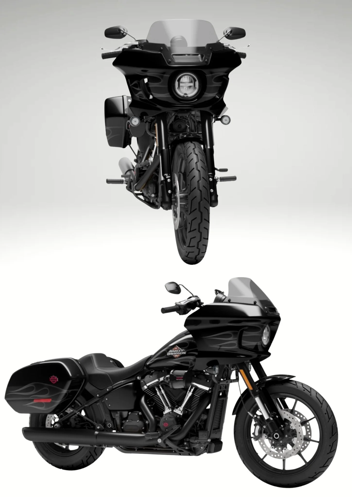 Two black Harley Davidson Low Rider ST motorcycles with windshields, side mirrors, and saddlebags, facing forward against a plain background.